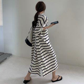 Elbow-sleeve Striped T-shirt Dress Black Stripe - Almond - One Size