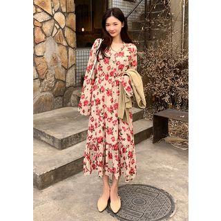 Surplice-neck Floral Long Dress