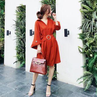 Plain Long-sleeve Loose-fit Shirtdress Dark Orange - One Size