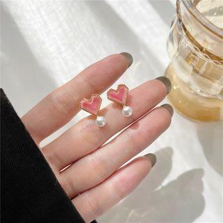 Heart Faux Pearl Dangle Earring 1 Pair - Pink & White & Gold - One Size