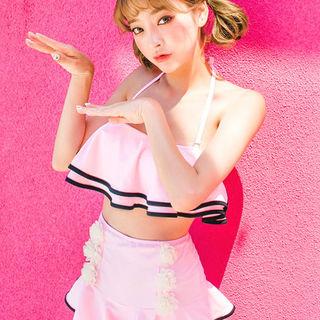 Bikini Set: Halter Top + Corsage Ruffle Skirt