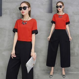 Set: Two-tone Short-sleeve Top + Wide-leg Pants