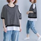 Mock Two-piece Elbow-sleeve Striped T-shirt As Shown In Figure - One Size