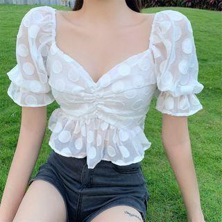Short-sleeve Dotted Peplum Crop Top