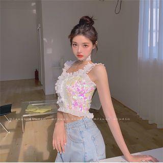 Ruffle Trim Wide Strap Sequined Cropped Top