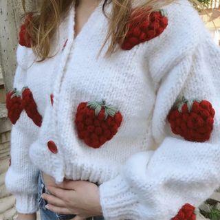 Strawberry Cardigan Red Strawberry - White - One Size