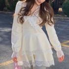 Long-sleeve Lace Trim Mini A-line Dress White - One Size