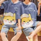 Couple Matching Loungewear Set : Short-sleeve Dog Print Top + Shorts