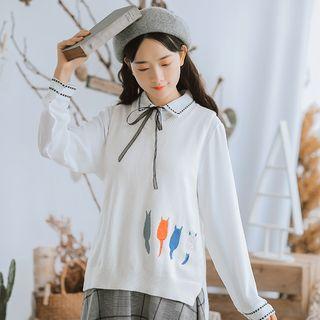 Cat Embroidery Knit Vest White - One Size