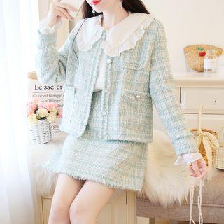 Long-sleeve Frill Trim Wide Collar Shirt / Tweed Buttoned Jacket / A-line Mini Skirt / Set