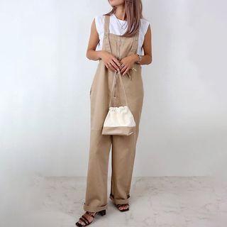 Plain Zip Wide-leg Jumper Pants Khaki - One Size