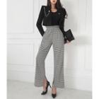 Paperbag-waist Houndstooth Pants Ivory - One Size
