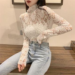 Sheer Mock Neck Long-sleeve Lace Top