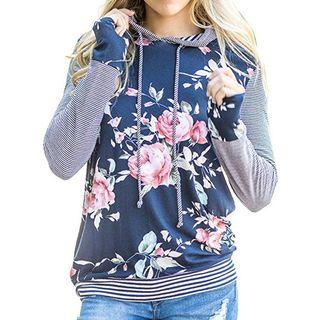 Striped Panel Floral Hoodie