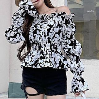 Bell-sleeve Off-shoulder Floral Print Blouse Floral - Black & White - One Size