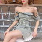 Elbow-sleeve Zip Denim Mini Dress