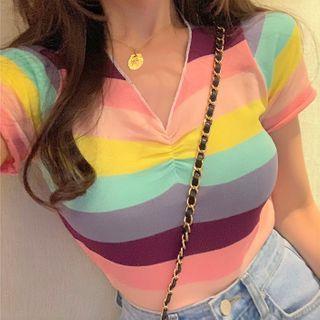 Striped Short-sleeve Knit Top Pink & Yellow & Blue - One Size