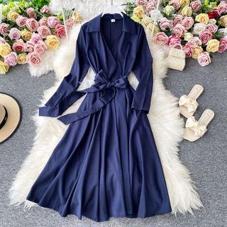 Tie-waist V-neck Long-sleeve Maxi Shirtdress
