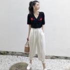 Flower Embroidered Short-sleeve Buttoned Top / Cropped Harem Pants