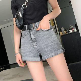 Plain High-waist Washed Straight-leg Shorts