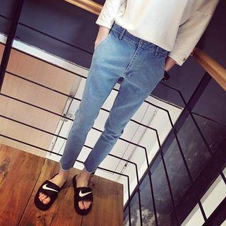Letter Embroidered Fray Hem Jeans
