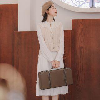 Set: Long-sleeve Tie-neck Midi A-line Dress + Sweater Vest