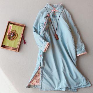 Floral Embroidery Frog Buttoned Coat Dress