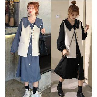 Long-sleeve Midi A-line Dress / Button Vest