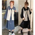 Long-sleeve Midi A-line Dress / Button Vest