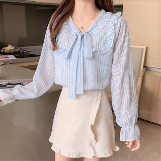 Long-sleeve Tie-neck Frill Trim Blouse
