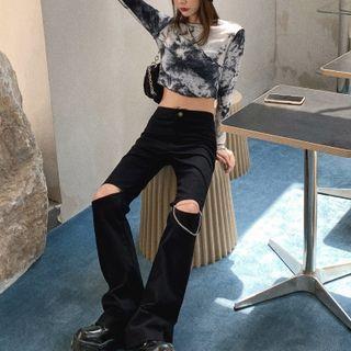 Long-sleeve Tie-dyed Cropped T-shirt / Distressed Straight-leg Pants