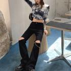 Long-sleeve Tie-dyed Cropped T-shirt / Distressed Straight-leg Pants