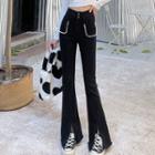High-waist Faux Pearl Pocket Slit Flared Jeans