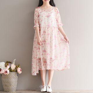 Set: Elbow-sleeve Floral Chiffon Midi Dress + Slipdress