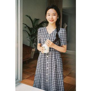V-neck Tie-waist Plaid Midi Shirtdress