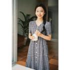 V-neck Tie-waist Plaid Midi Shirtdress