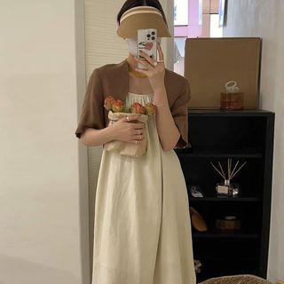 Short-sleeve Cropped Jacket / Spaghetti Strap A-line Midi Dress