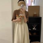 Short-sleeve Cropped Jacket / Spaghetti Strap A-line Midi Dress