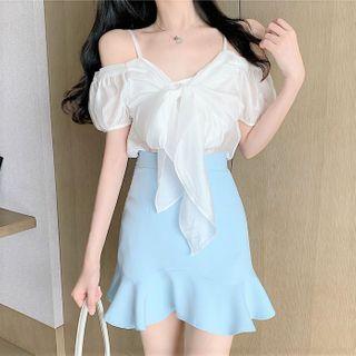 Short-sleeve Cold-shoulder Mesh Blouse / Mini Mermaid Skirt