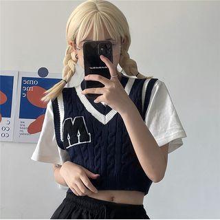 Letter Embroidered Crop Sweater Vest Dark Blue - One Size