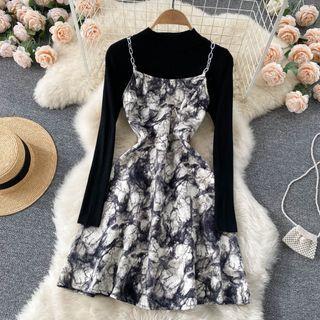 Set: Knit Top + Spaghetti Strap Tie Dye Dress
