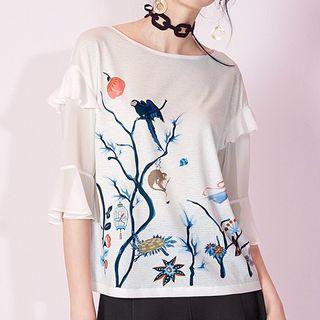 Printed Frill Trim Elbow Sleeve T-shirt