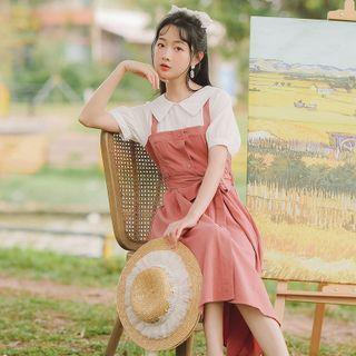 Short-sleeve Mock Two-piece Midi Collared Dress