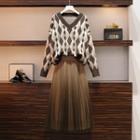 Argyle Sweater / Midi A-line Skirt / Set