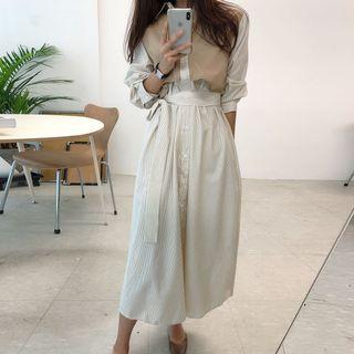 Two-tone Long-sleeve Midi Shirt Dress