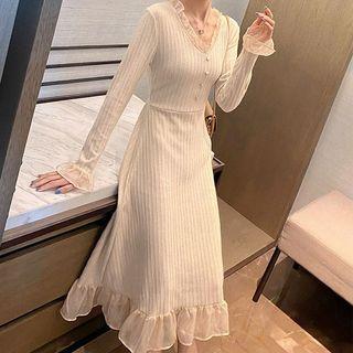 Frilled Mesh A-line Knit Dress