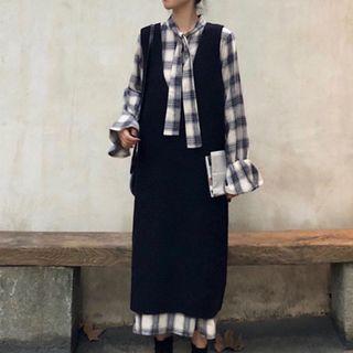 Long-sleeve Plaid Midi Shirtdress / Long Knit Vest