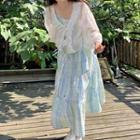 Long-sleeve Lace-up Cardigan / Sleeveless Plaid Dress