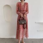 Gather Waist Long Sleeve V-neck Floral Chiffon Dress