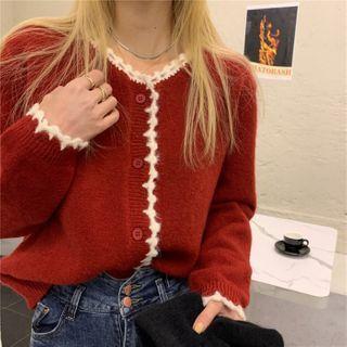 Round-neck Two-tone Knit Sweater Red - One Size